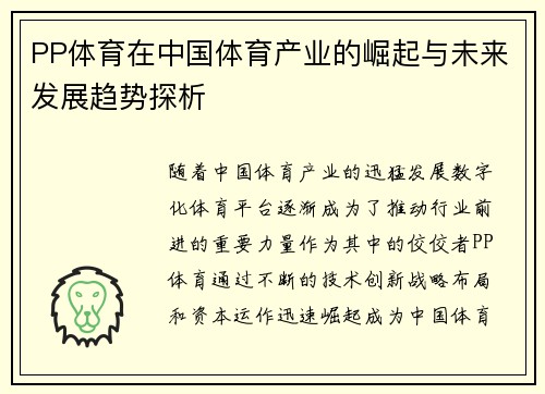 PP体育在中国体育产业的崛起与未来发展趋势探析